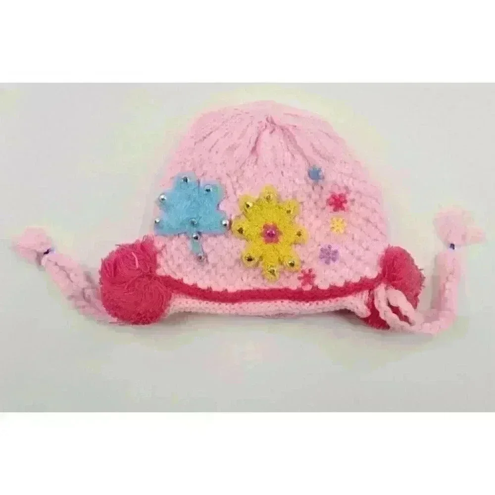 HAND knitted girl hat with knitted applique with beads for 3-6 year old. NEW.